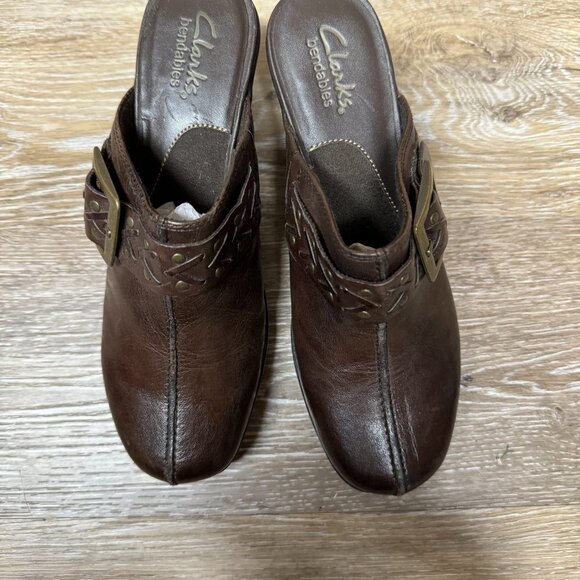 Clarks Bendables Shoes Womens 6.5M Mirabelle Holly Mule Clog Brown Leather Block - Picture 2 of 6